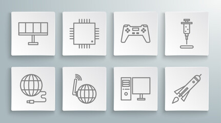 Set line Social network, Processor with microcircuits CPU, Computer monitor, Rocket ship fire, Gamepad, Syringe and Solar energy panel icon. Vector