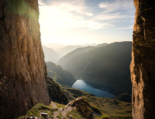sunset in the mountains with a lake. France. Lac de Roseland