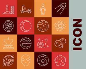 Set line UFO abducts cow, Asteroid, Black hole, Astronaut, Moon, Rocket launch from the spaceport and Satellite dish icon. Vector