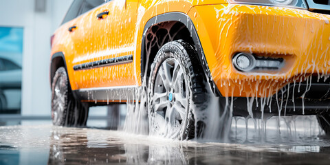 SUV covered in foam and soap for car wash - obrazy, fototapety, plakaty