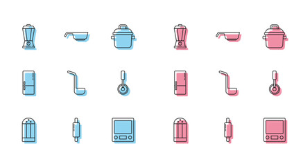 Set line Salt, Rolling pin, Blender, Electronic scales, Kitchen ladle, Pizza knife, Refrigerator and Frying pan icon. Vector