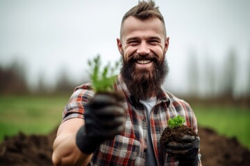 shot of a man holding a seedling and showing thumbs up