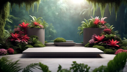 Fototapeta na wymiar Podium in tropical forest for product presentation and flower background generative ai