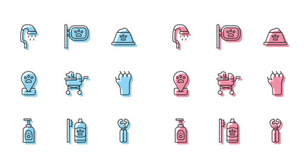 Set line Pet shampoo, Dental hygiene for pets, shower, nail clippers, stroller, Paw print, Location grooming and icon. Vector