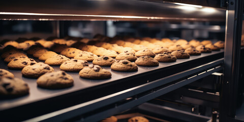 Chocolate chip cookies in production line on a conveyor. Production of classic chocolate chip cookies. 