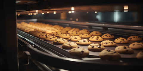 Chocolate chip cookies in production line on a conveyor. Production of classic chocolate chip cookies. 
