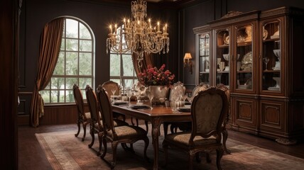 Interior design inspiration of Traditional Classic style home dining room loveliness decorated with Wood and Marble material and China Cabinet .Generative AI home interior design .