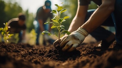 men are planting trees and watering them to help increase oxygen in the air and reduce global warming, Save world save life and Plant a tree