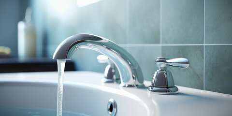 Water faucet, closeup. Running water in bathroom sink. Modern clean house, washing hands and Hygiene concept. 