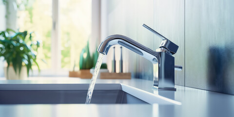 Water faucet, closeup. Running water in bathroom sink. Modern clean house, washing hands and Hygiene concept. 