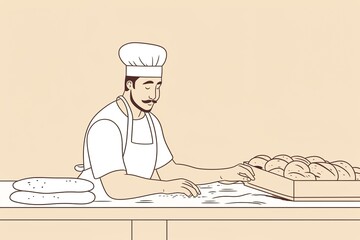 flat illustration line art minimal of a male baker