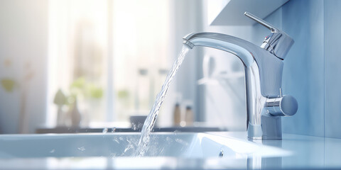 Water faucet, closeup. Running water in bathroom sink. Modern clean house, washing hands and Hygiene concept. 