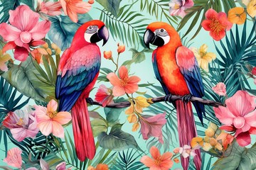 Vibrant watercolor illustration of tropical birds, monkey, jaguar, jungle plants, palm leaves, flowers, flamingo on a pastel seamless fabric background. Generative AI