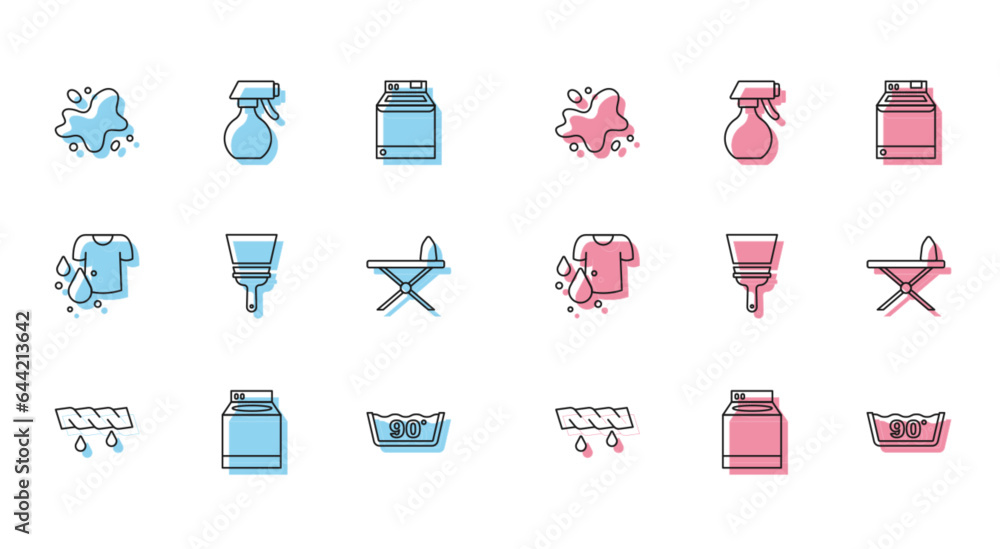 Wall mural Set line Squeeze clothes, Washer, Water spill, Temperature wash, Rubber cleaner for windows, Iron and ironing board, Dirty t-shirt and spray bottle icon. Vector