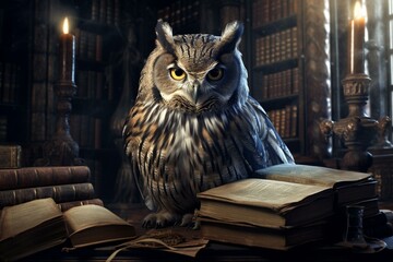An aged owl immersed in a book within a grand library. Generative AI