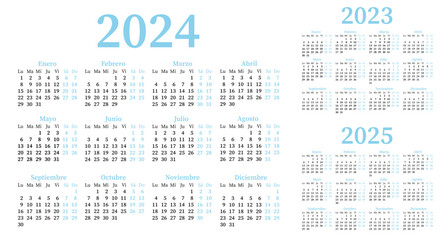 Spanish calendar for 2023,2024,2025. Week starts on Monday
