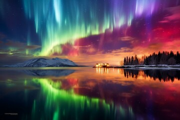 Colorful rainbow in the aurora borealis, a natural phenomenon in the northern skies. Generative AI - obrazy, fototapety, plakaty