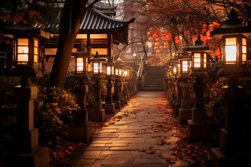 Fototapeta na wymiar Path to night shrine lit by lanterns for New Year's visit. Generative AI
