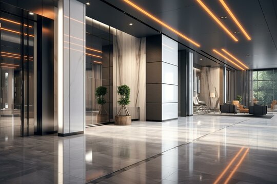 Elegant modern office hall with reception, pendant lighting, and elevator. Generative AI
