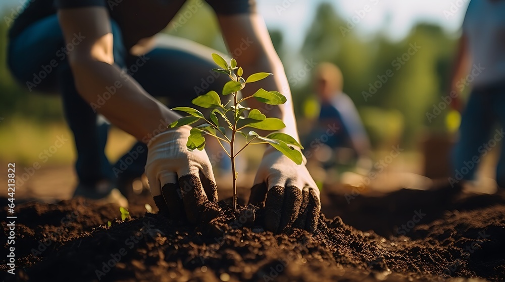 Wall mural men are planting trees and watering them to help increase oxygen in the air and reduce global warmin