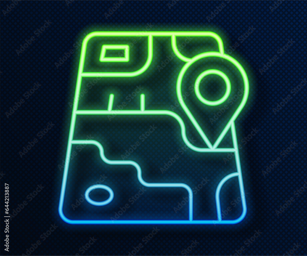 Wall mural glowing neon line infographic of city map navigation icon isolated on blue background. mobile app in