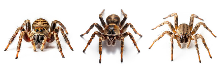 set of brown spiders. isolated against a white background. macro shot. 