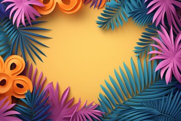 Fototapeta na wymiar 3D-rendered summer jungle with minimal pastel-colored paper cutout of tropical palm leaves. Origami exotic background perfect for summertime. Generative AI