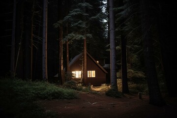 A dimly lit wooden cabin stands amidst a spooky pine forest, enveloped by dark trees. Generative AI