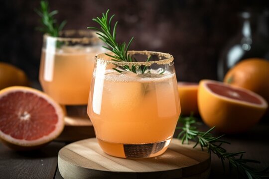 Paloma cocktail in Collins Glass, from tequila with grapefruit juice,  decorated with a slice of grapefruit and rosemary.Whiskey in rocks glass  with i Stock Photo - Alamy