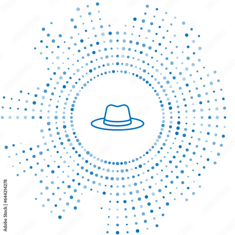 Poster blue line man hat with ribbon icon isolated on white background. abstract circle random dots. vector