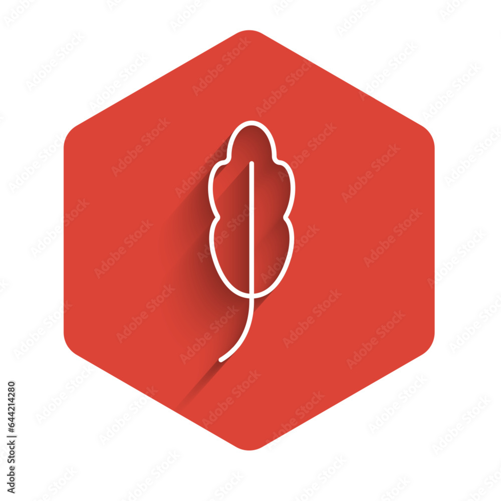 Poster white line feather icon isolated with long shadow background. red hexagon button. vector