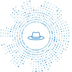 Blue line Man hat with ribbon icon isolated on white background. Abstract circle random dots. Vector