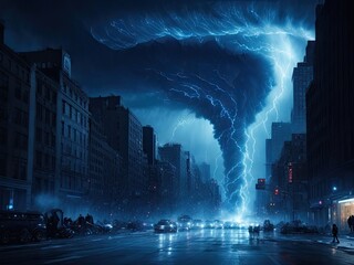 A Large Blue Dramatic Tornado Cyclone Storm over city Thunderstorm Lightning Doomsday Night Sky Scary Weather Forecast Metrology Hurricane Typhoon Apoclaypse Natural Disaster Earthquake Cloud Burst - obrazy, fototapety, plakaty
