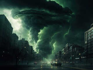 Large Green Dramatic Tornado Cyclone Storm over city Thunderstorm Lightning Doomsday Night Sky Scary Weather Forecast Metrology Hurricane Typhoon Apoclaypse Natural Disaster Earthquake Cloud Burst - obrazy, fototapety, plakaty