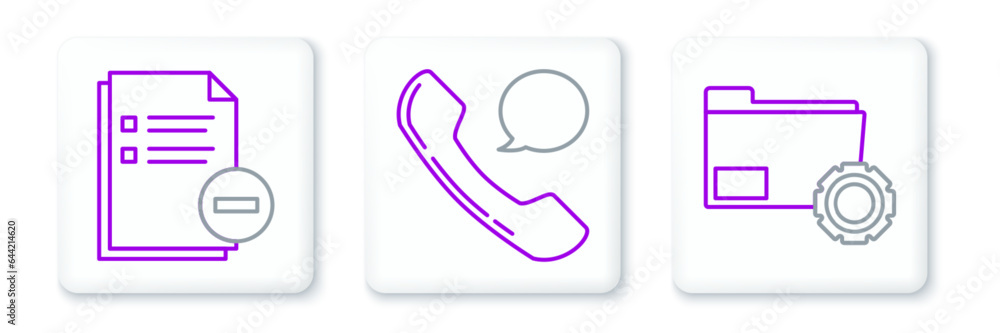 Poster set line folder settings with gears, document minus and telephone handset and speech bubble chat ico