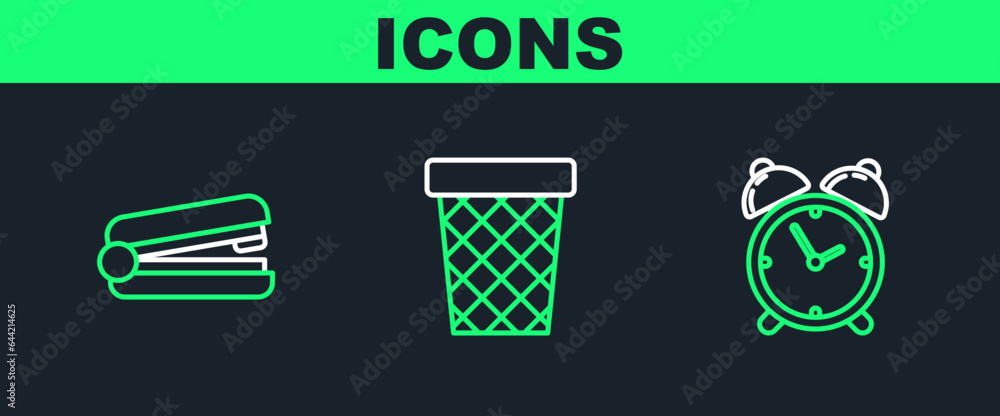 Poster set line alarm clock, office stapler and trash can icon. vector