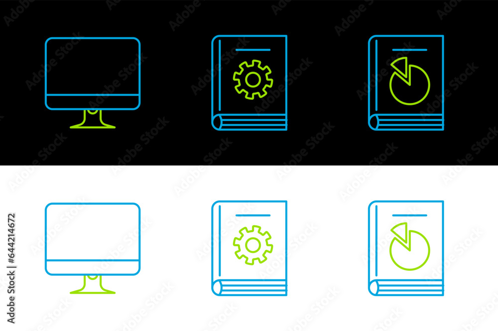Poster set line user manual, computer monitor screen and icon. vector