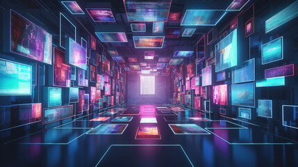 Modern neon interior with apps on screens. Data Network, Virtual Reality. Banner