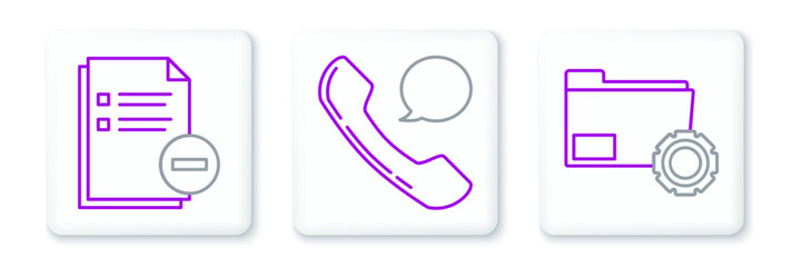 Set line Folder settings with gears, Document minus and Telephone handset and speech bubble chat icon. Vector