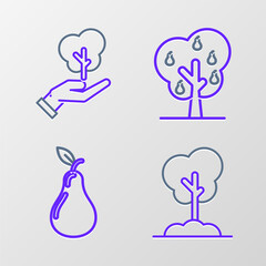 Set line Tree in the ground, Pear, with pears and hand of environmental protection icon. Vector