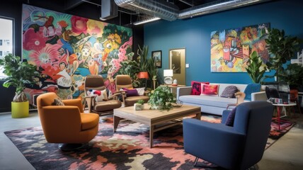 Inspiring office interior design Eclectic style Collaborative space featuring Colorful mural architecture. Generative AI AIG 31.