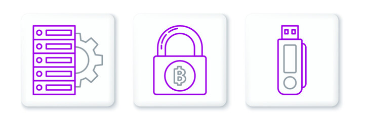 Obraz premium Set line USB flash drive, Server and gear and Lock with bitcoin icon. Vector