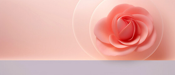 Różowe tło z różą - pastelowe kolory. Okrąg z kwiatem 3d. Miejsce na prezentację produktu - obrazy, fototapety, plakaty