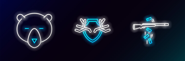 Set line Gun shooting, Bear head and Deer antlers on shield icon. Glowing neon. Vector