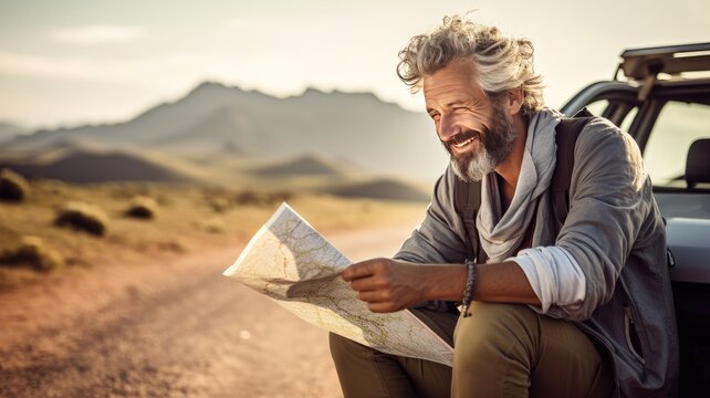 a mature male traveler, standing beside his car amidst a picturesque natural setting on a sunny summer day. He's engrossed in examining a paper map, plotting the course for his road trip adventure.