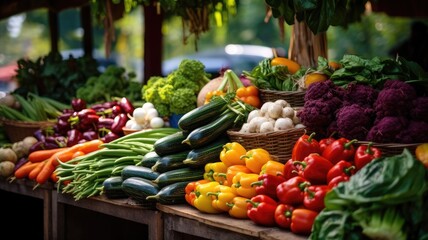 the colorful array of fresh fruits, vegetables, and greens on display at a bustling farmer's market. The scene brims with the natural richness of locally sourced produce.