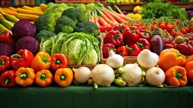 the colorful array of fresh fruits, vegetables, and greens on display at a bustling farmer's market. The scene brims with the natural richness of locally sourced produce.
