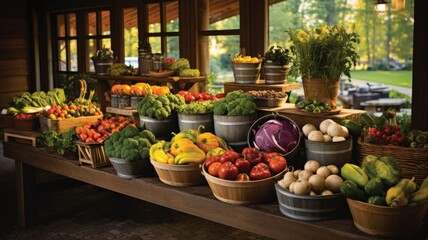 the colorful array of fresh fruits, vegetables, and greens on display at a bustling farmer's market. The scene brims with the natural richness of locally sourced produce.