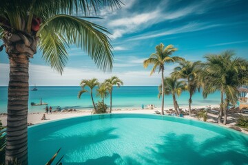 Fototapeta na wymiar A scenic beach with palm trees and a seaside resort, featuring a turquoise seawater pool for online booking and tour purchases. Generative AI