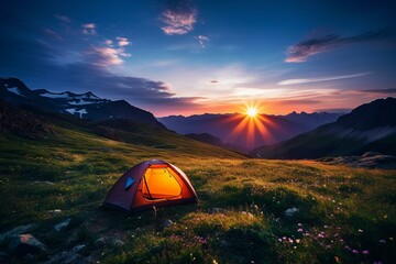 Fototapeta na wymiar Camping in the mountains at sunset. Generative AI